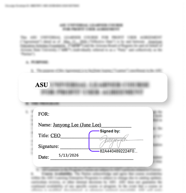 애리조나주립대(ASU) Universal Learner Course 정식 User Agreement 계약 원본, AESF의 ASU 학점 발급 라이센스 증빙