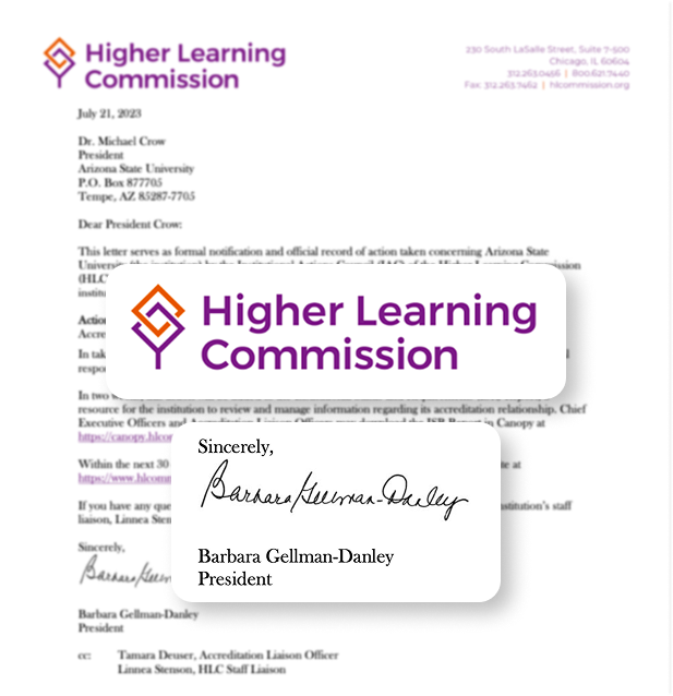 미국 교육부 인정 인증기관 HLC(Higher Learning Commission)가 발급한 애리조나주립대(ASU) 인증 공식 서한